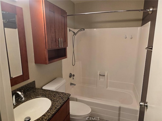 full bath with bathing tub / shower combination, toilet, and vanity