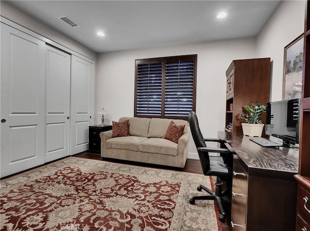 home office featuring recessed lighting, visible vents, and dark wood finished floors