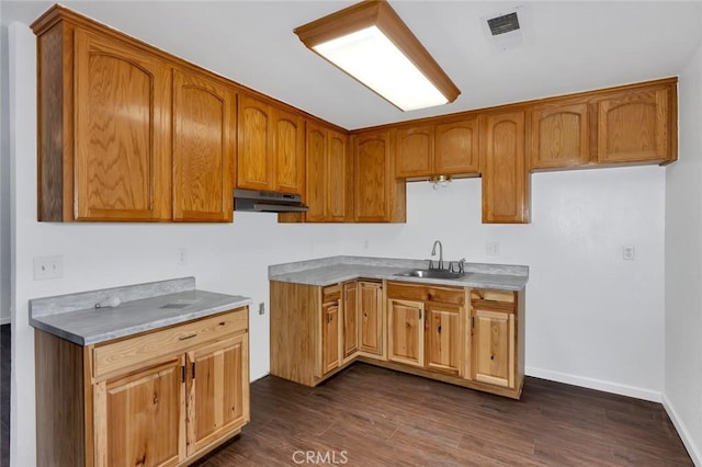 kitchen with baseboards, visible vents, a sink, dark wood-type flooring, and under cabinet range hood