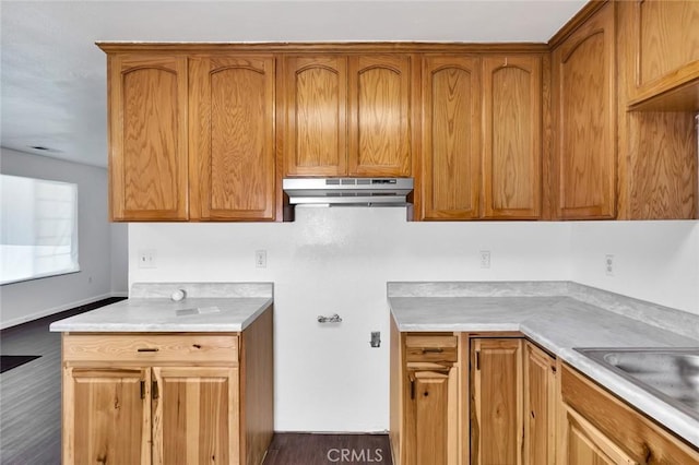 kitchen with light countertops, brown cabinetry, under cabinet range hood, and a sink