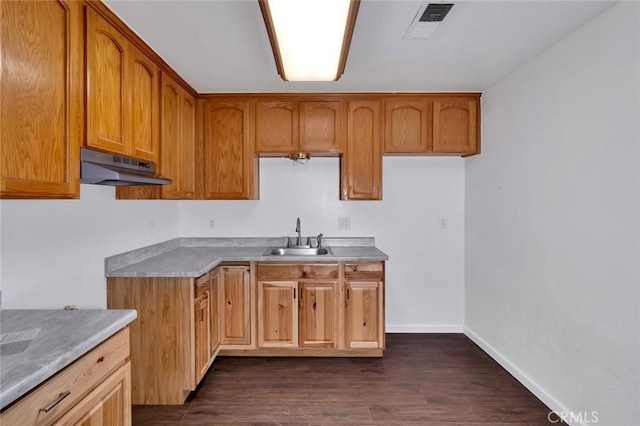 kitchen featuring dark wood-style floors, baseboards, visible vents, a sink, and under cabinet range hood