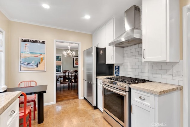 kitchen featuring ornamental molding, white cabinets, appliances with stainless steel finishes, wall chimney range hood, and backsplash