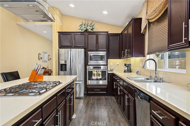 kitchen featuring dark wood-type flooring, a sink, stainless steel appliances, light countertops, and vaulted ceiling