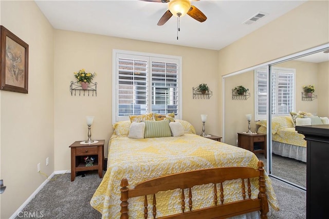30283 Moon Star Cir, Menifee, CA 92584 - bedroom with carpet floors, a closet, and a ceiling fan