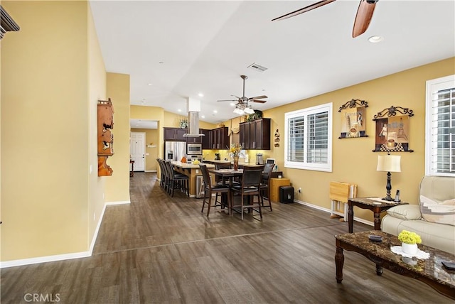 30283 Moon Star Cir, Menifee, CA 92584 - living room with a ceiling fan, dark wood-style floors, lofted ceiling, and recessed lighting