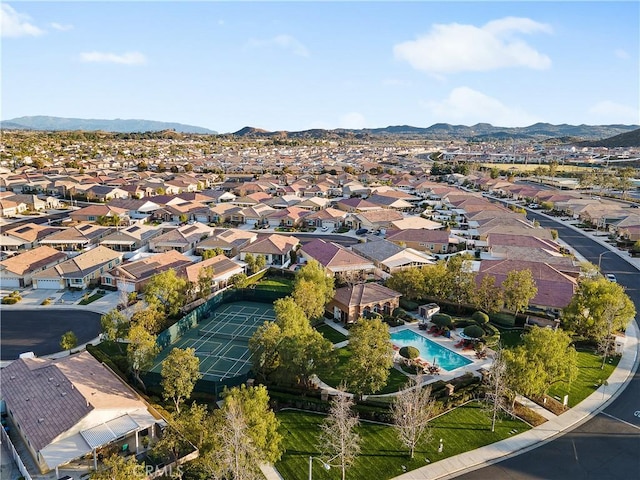 drone / aerial view featuring a mountain view and a residential view