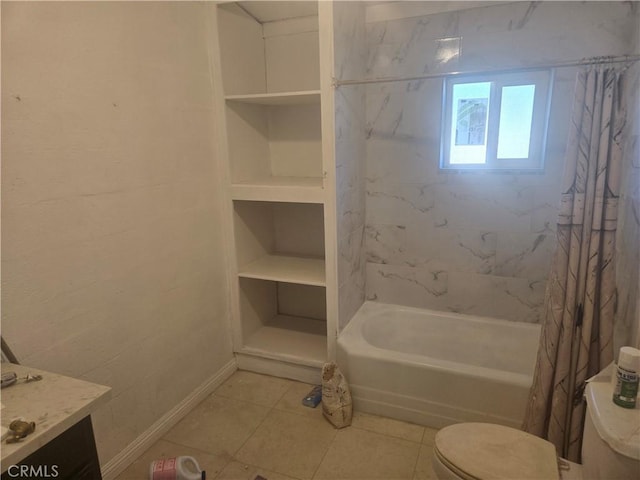 full bath with tile patterned floors, toilet, shower / bath combo, baseboards, and vanity