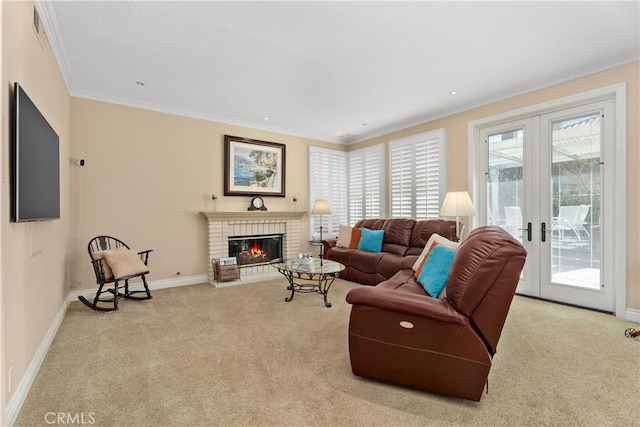 living area with french doors, baseboards, carpet, and crown molding