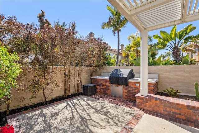 view of patio / terrace with grilling area, area for grilling, a fenced backyard, and a pergola