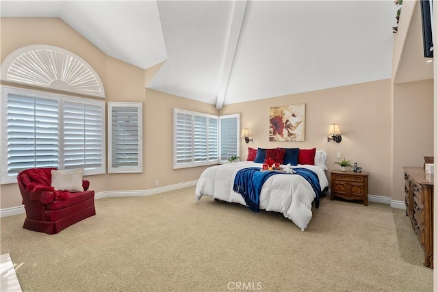 bedroom with baseboards, carpet floors, and lofted ceiling