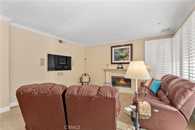 carpeted living room with visible vents, a brick fireplace, crown molding, and baseboards