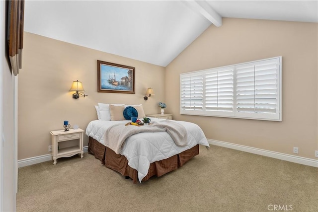 carpeted bedroom with vaulted ceiling with beams and baseboards