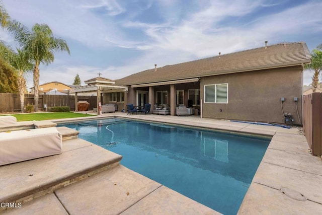 view of swimming pool featuring a fenced in pool, an outdoor hangout area, a fenced backyard, a pergola, and a patio