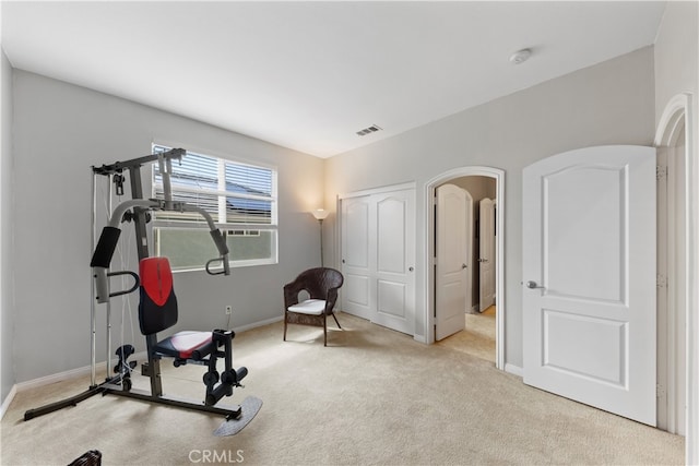 workout area featuring visible vents, carpet floors, and baseboards