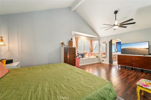 unfurnished bedroom with baseboards, beamed ceiling, hardwood / wood-style flooring, arched walkways, and high vaulted ceiling