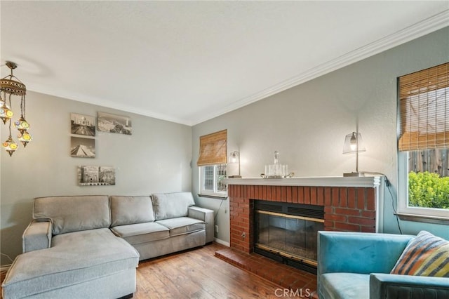 living room featuring wood finished floors, a wealth of natural light, and ornamental molding