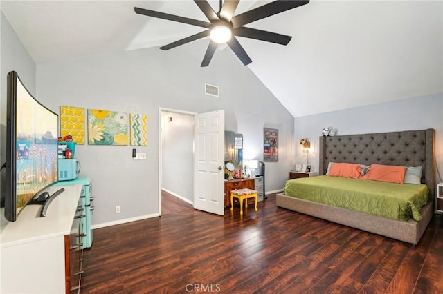 bedroom featuring visible vents, high vaulted ceiling, wood finished floors, baseboards, and ceiling fan