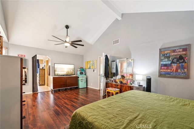 bedroom with wood finished floors, baseboards, visible vents, high vaulted ceiling, and beamed ceiling