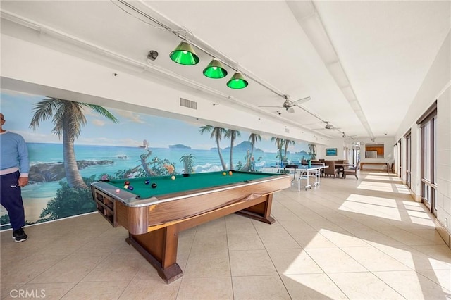 recreation room featuring tile patterned floors, visible vents, a ceiling fan, and billiards