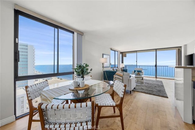 dining space featuring a fireplace, light wood finished floors, and expansive windows