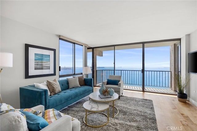 living area with wood finished floors, a wall of windows, baseboards, and a water view