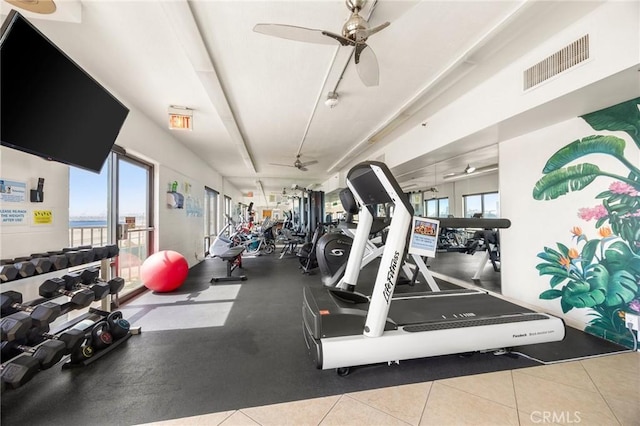 exercise room with visible vents and ceiling fan