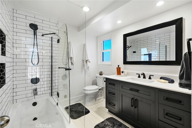 bathroom with vanity, toilet, recessed lighting, and tub / shower combination