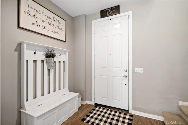 mudroom with baseboards and dark wood-type flooring