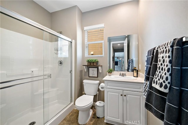 full bath with tile patterned floors, a shower stall, toilet, and vanity