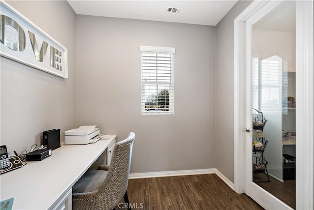 office with visible vents, baseboards, and dark wood-style floors