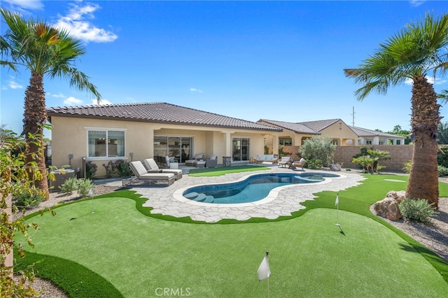 view of swimming pool featuring a fenced in pool, a patio area, and fence