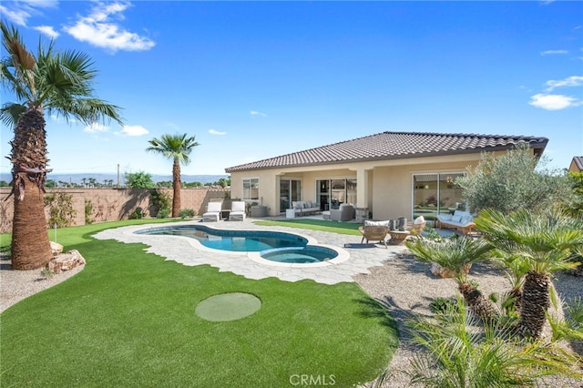 exterior space featuring a fenced in pool, a tiled roof, stucco siding, an outdoor hangout area, and a patio