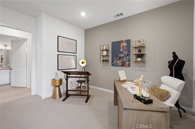 office space with light carpet, visible vents, recessed lighting, and baseboards