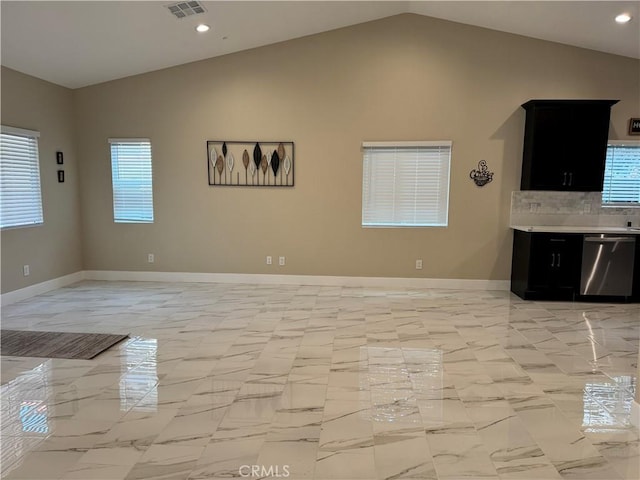 unfurnished living room featuring visible vents, marble finish floor, recessed lighting, baseboards, and vaulted ceiling