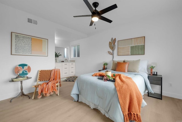 bedroom with baseboards, visible vents, light wood finished floors, and ceiling fan