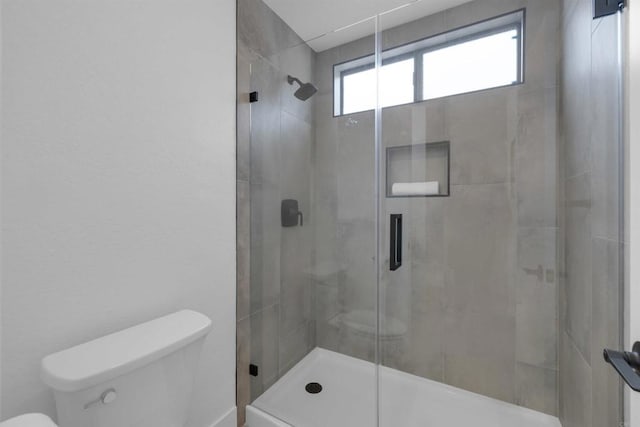 bathroom with a stall shower and toilet