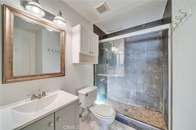 full bath featuring vanity, a shower stall, toilet, and visible vents