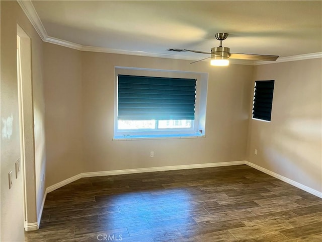 unfurnished room featuring baseboards, wood finished floors, a ceiling fan, and ornamental molding