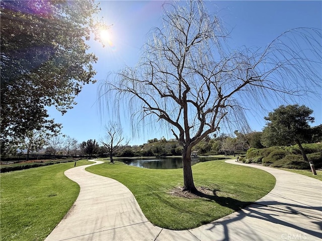 surrounding community featuring a water view and a lawn