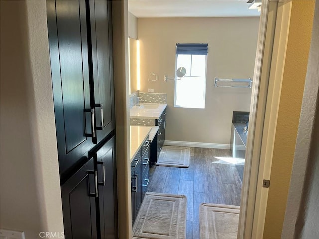 bathroom with baseboards, wood finished floors, and vanity