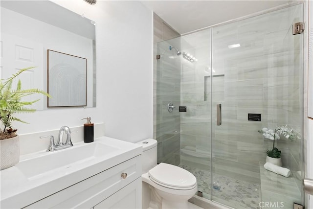 bathroom with vanity, toilet, and a shower stall