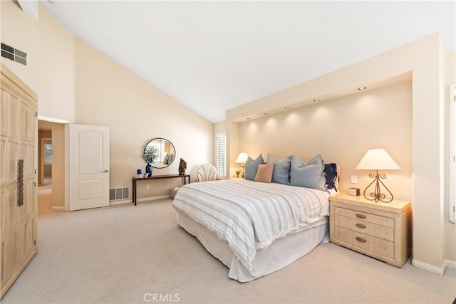 bedroom featuring light carpet, visible vents, high vaulted ceiling, and baseboards