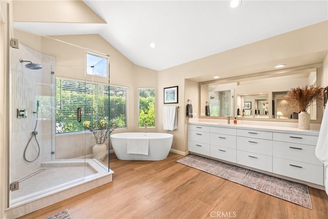 full bathroom featuring a shower stall, a freestanding bath, vanity, and wood finished floors