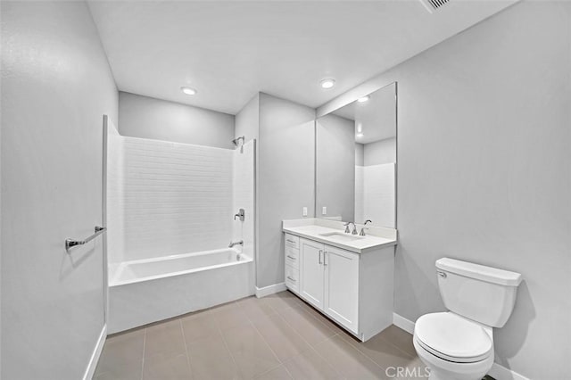 full bath with vanity, baseboards, shower / bath combination, tile patterned floors, and toilet