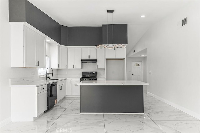 kitchen featuring marble finish floor, black appliances, under cabinet range hood, a sink, and a center island