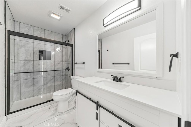 full bath featuring visible vents, toilet, marble finish floor, a shower stall, and vanity