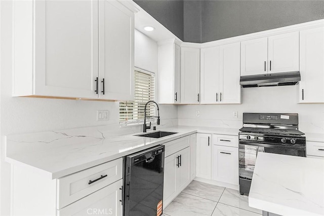 kitchen with under cabinet range hood, light stone counters, marble finish floor, black appliances, and a sink