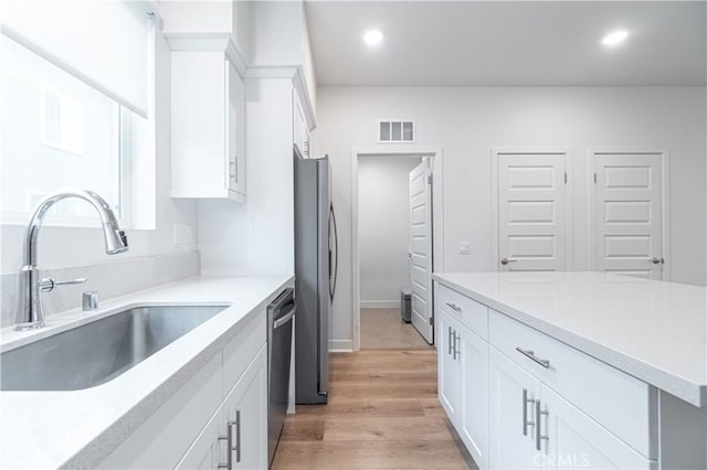 kitchen with visible vents, a sink, white cabinetry, appliances with stainless steel finishes, and light countertops