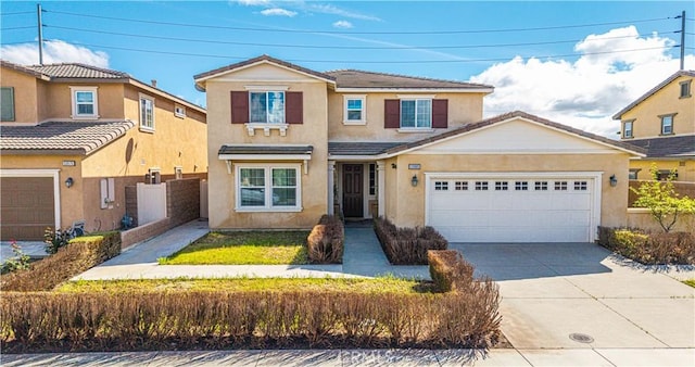 traditional-style home featuring fence, a tiled roof, stucco siding, driveway, and an attached garage