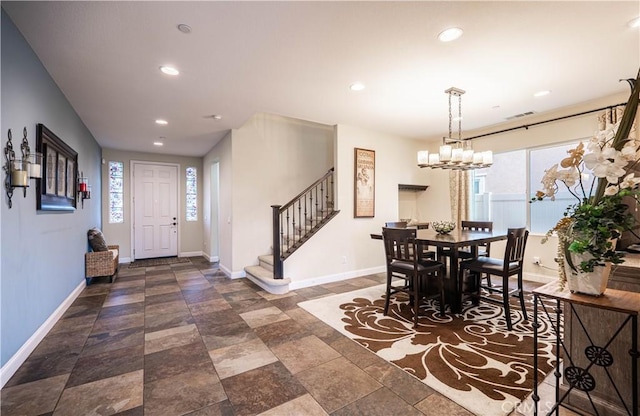 dining room featuring stairs, visible vents, recessed lighting, and baseboards